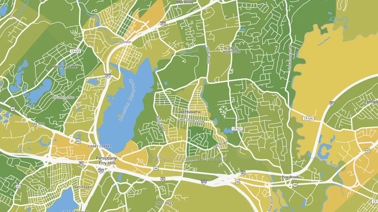 Map of the best neighborhoods in the Lake Hiawatha area, with better matches in green and worse matches in red