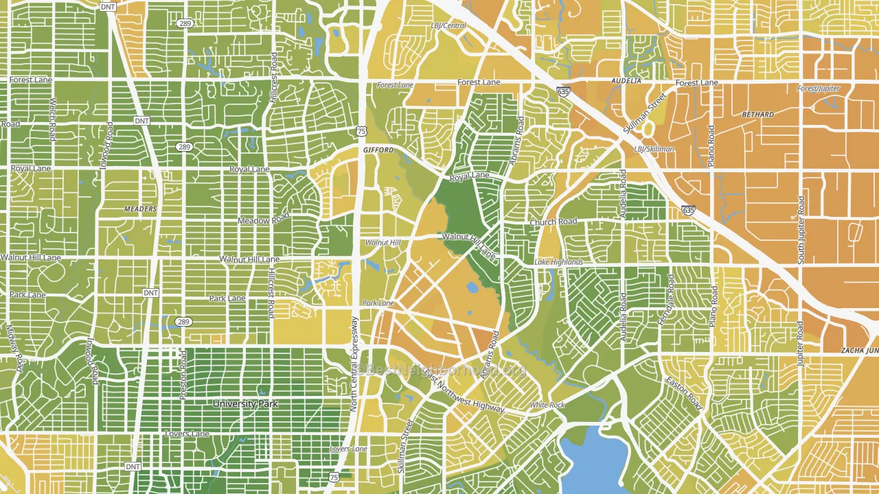 Map of the best neighborhoods in the Lake Highlands, Dallas area, with better matches in green and worse matches in red
