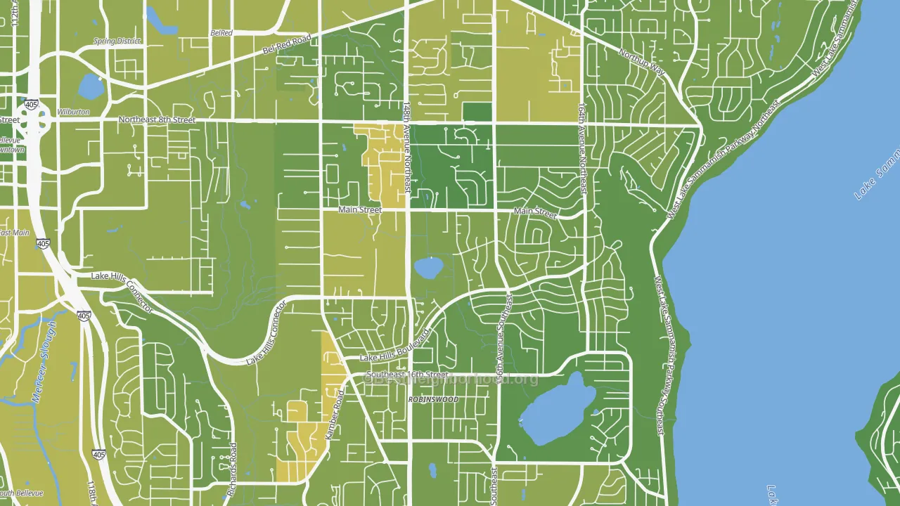 Map of the best neighborhoods in the Lake Hills, Bellevue area, with better matches in green and worse matches in red
