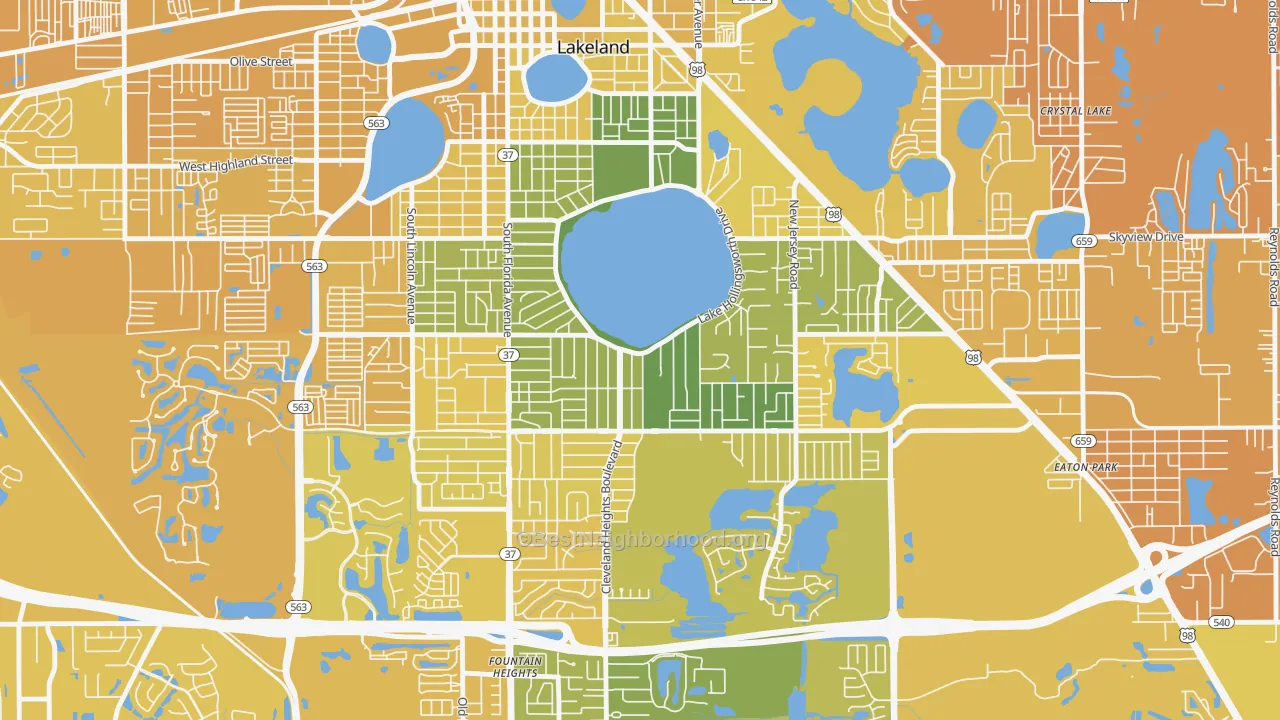 Map of the best neighborhoods in the Lake Hollingsworth, Lakeland area, with better matches in green and worse matches in red