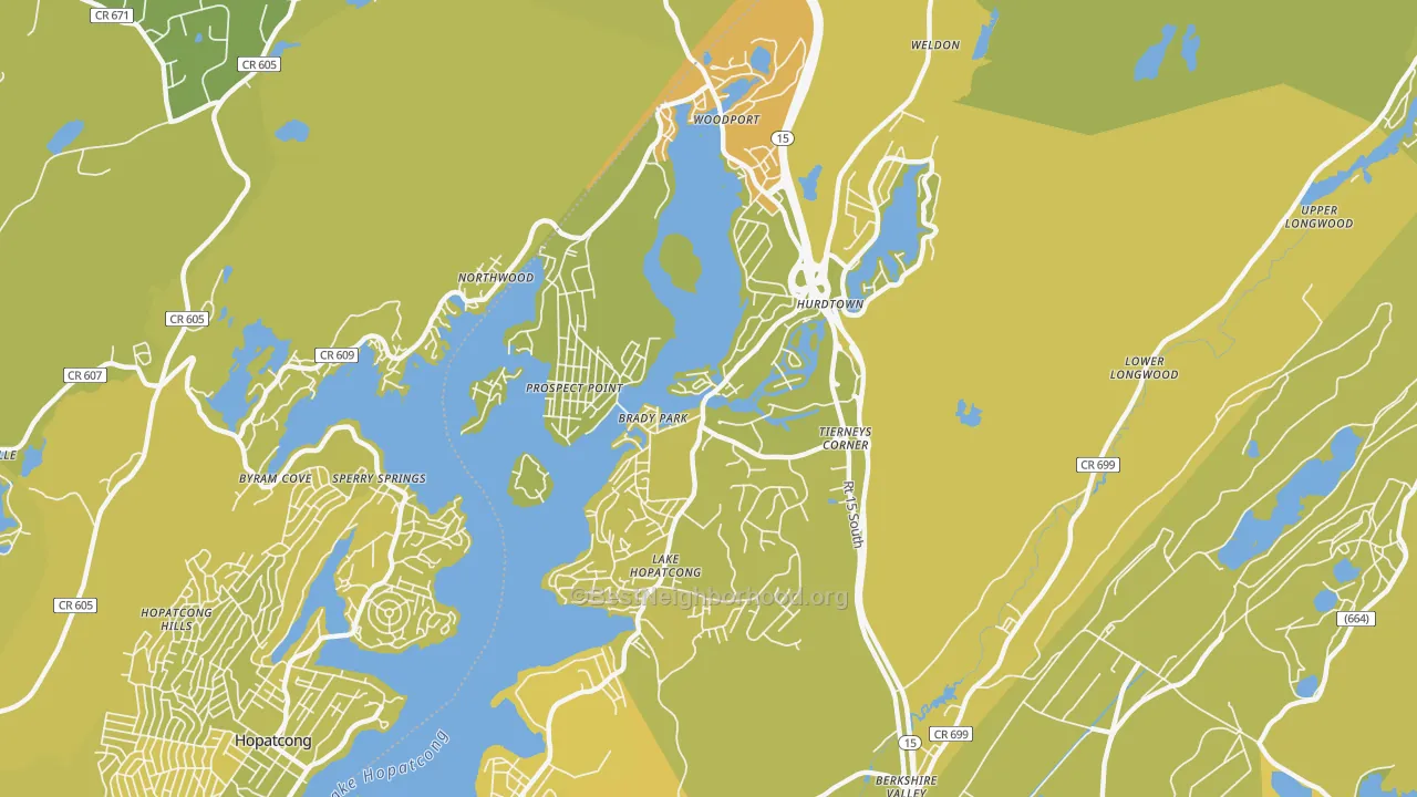 Map of the best neighborhoods in the Lake Hopatcong area, with better matches in green and worse matches in red