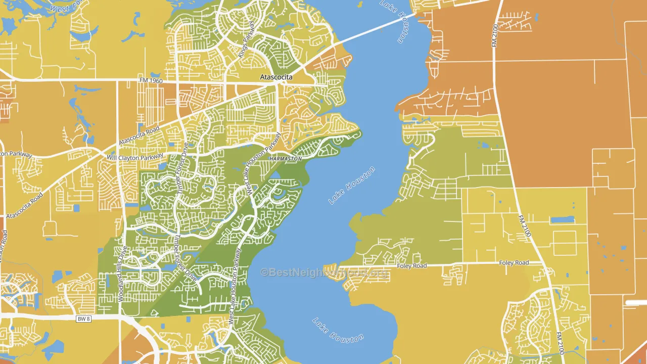 Map of the best neighborhoods in the Lake Houston, Houston area, with better matches in green and worse matches in red