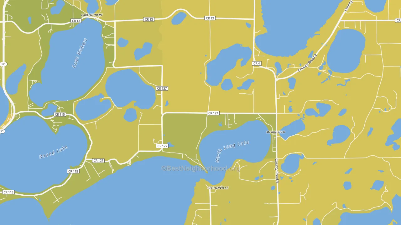 Map of the best neighborhoods in the Lake Hubert area, with better matches in green and worse matches in red