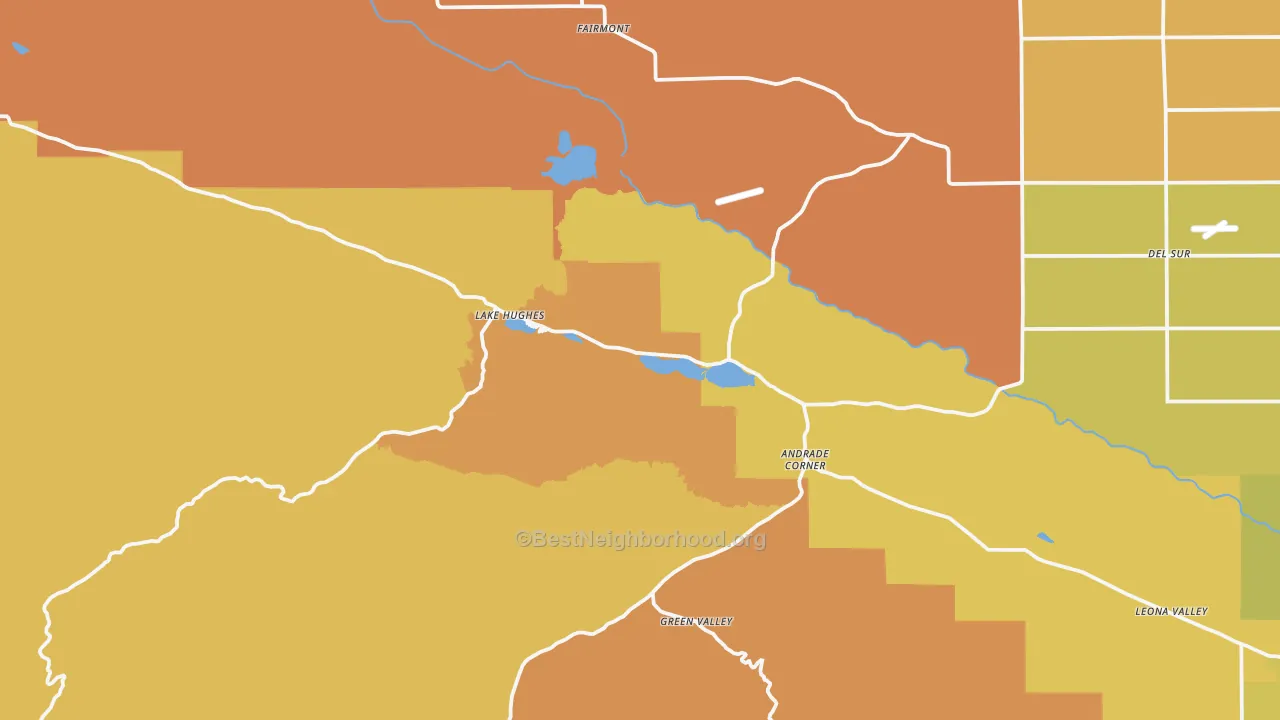 Map of the best neighborhoods in the Lake Hughes area, with better matches in green and worse matches in red