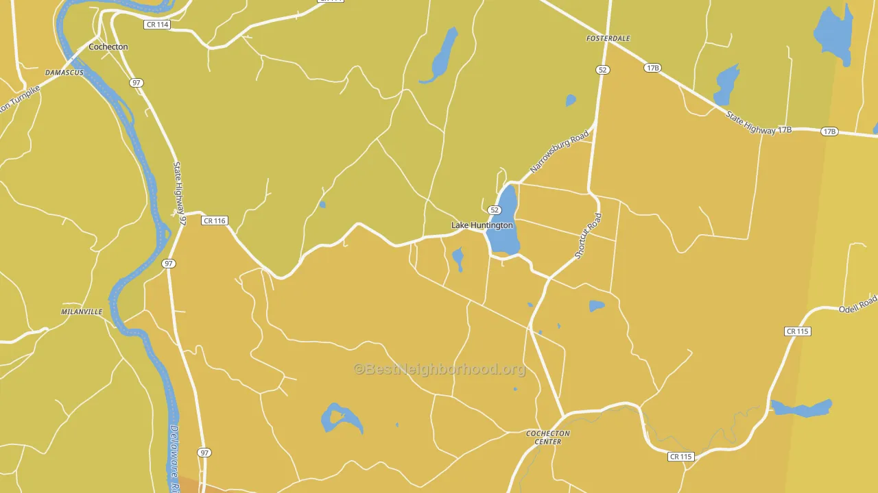 Map of the best neighborhoods in the Lake Huntington area, with better matches in green and worse matches in red