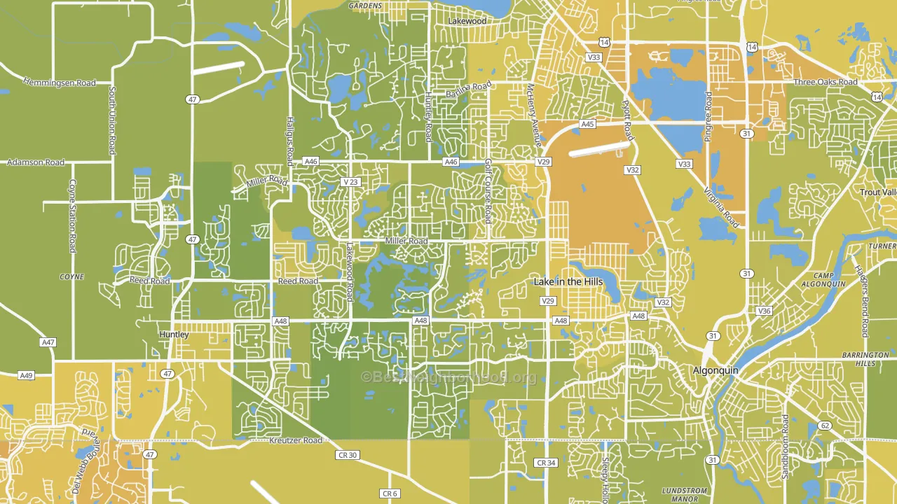 Map of the best neighborhoods in the Lake in the Hills area, with better matches in green and worse matches in red