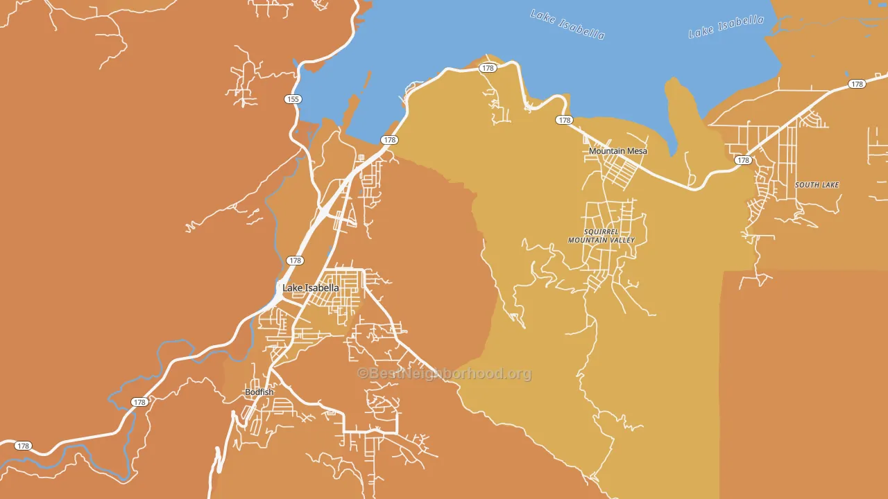 Map of the best neighborhoods in the Lake Isabella area, with better matches in green and worse matches in red