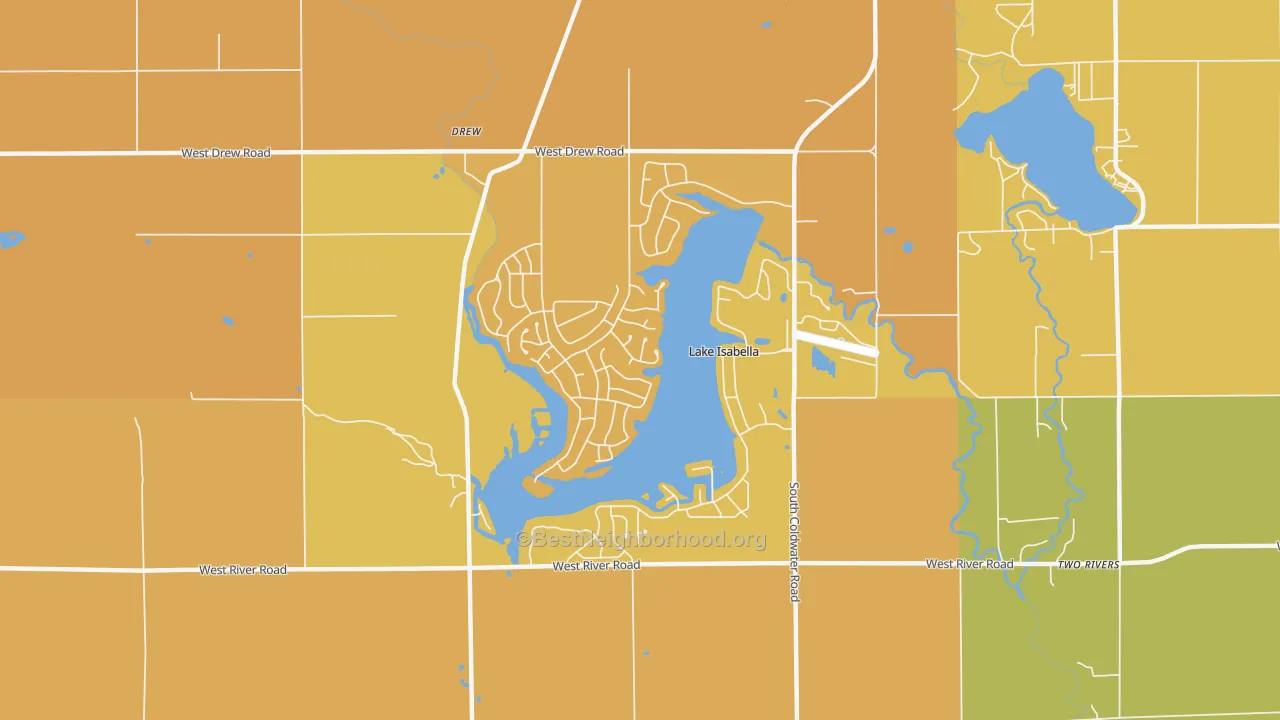 Map of the best neighborhoods in the Lake Isabella area, with better matches in green and worse matches in red