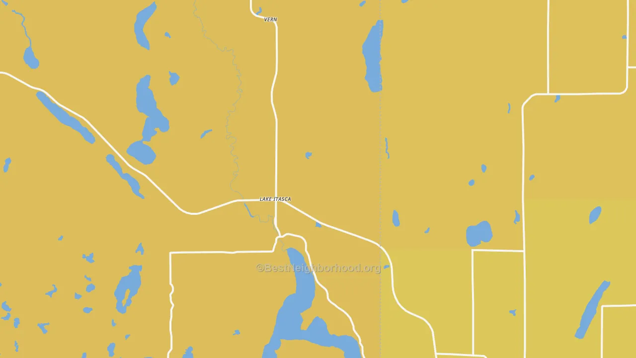 Map of the best neighborhoods in the Lake Itasca area, with better matches in green and worse matches in red