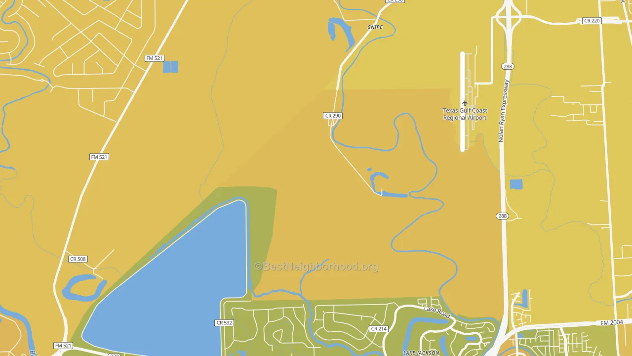 Map of the best neighborhoods in the Lake Jackson Farms area, with better matches in green and worse matches in red
