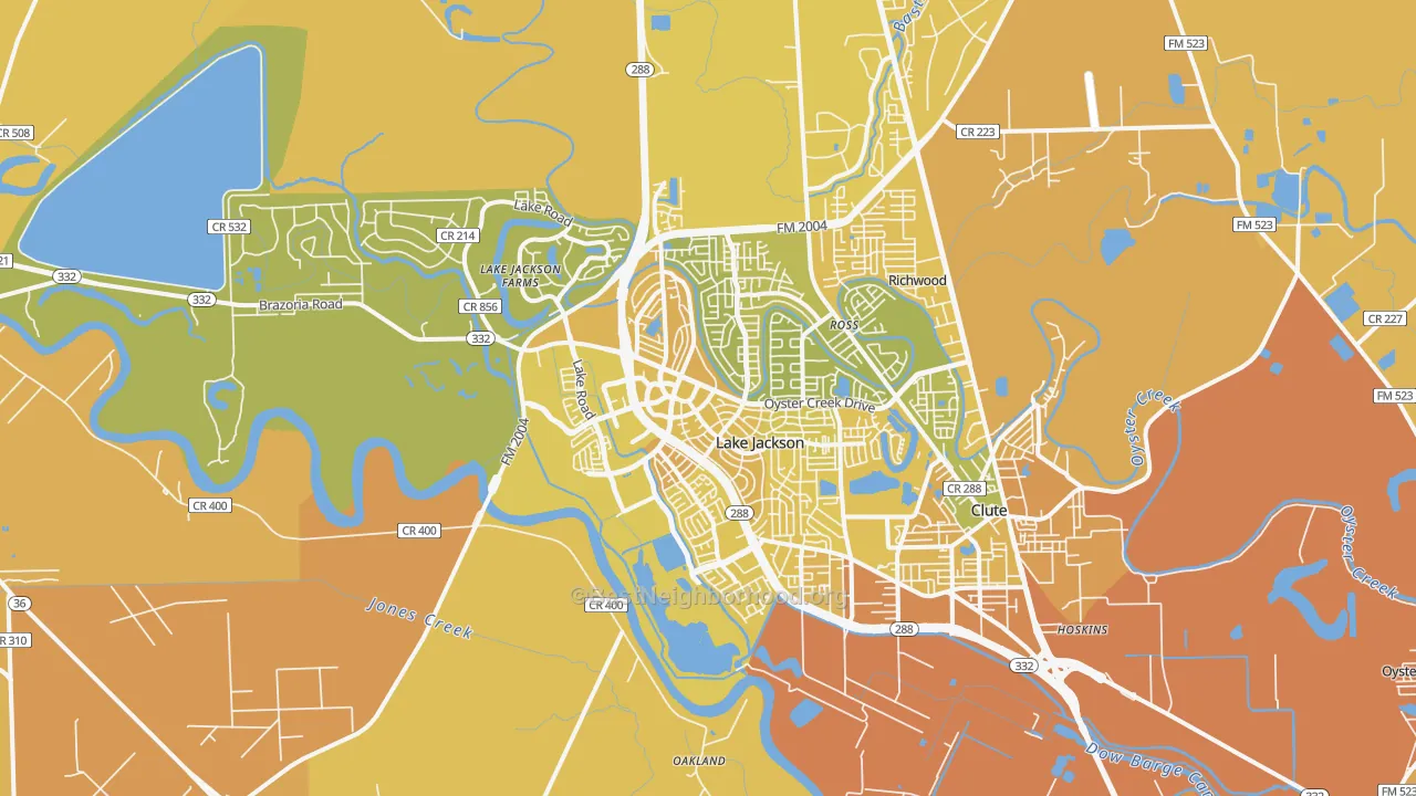 Map of the best neighborhoods in the Lake Jackson area, with better matches in green and worse matches in red