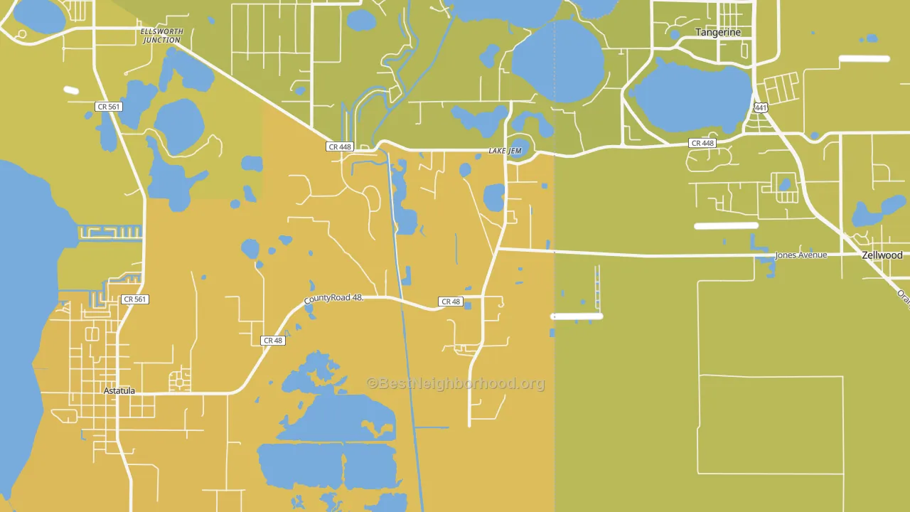 Map of the best neighborhoods in the Lake Jem area, with better matches in green and worse matches in red