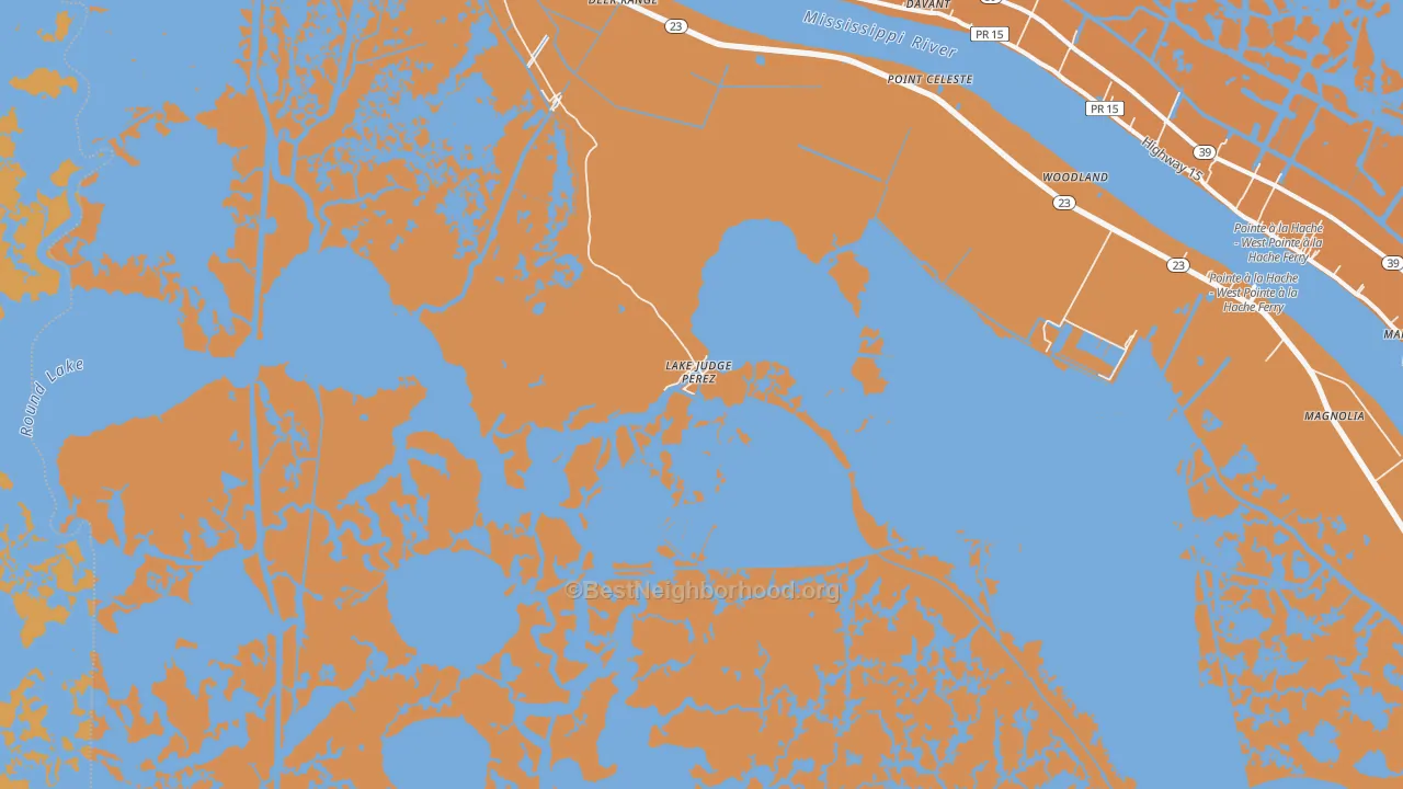 Map of the best neighborhoods in the Lake Judge Perez area, with better matches in green and worse matches in red