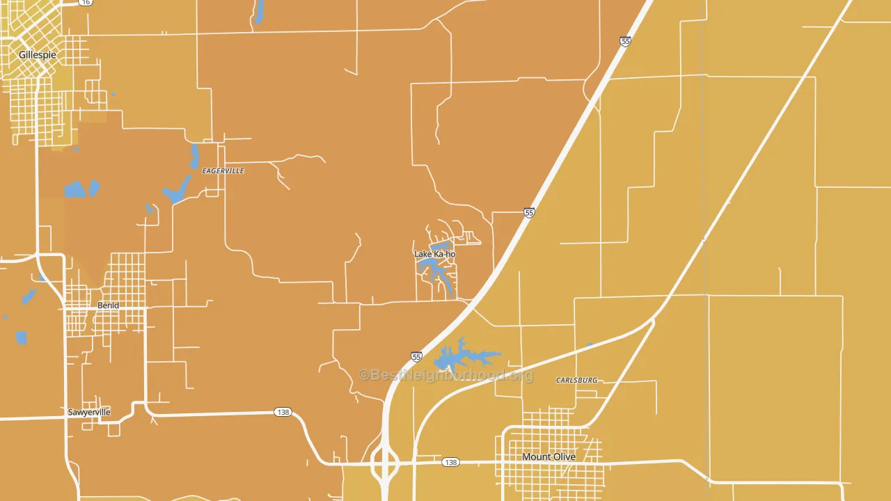 Map of the best neighborhoods in the Lake Ka-ho area, with better matches in green and worse matches in red