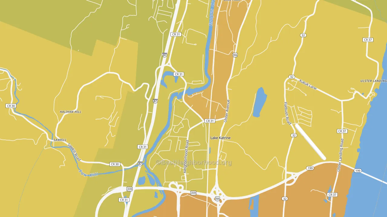 Map of the best neighborhoods in the Lake Katrine area, with better matches in green and worse matches in red