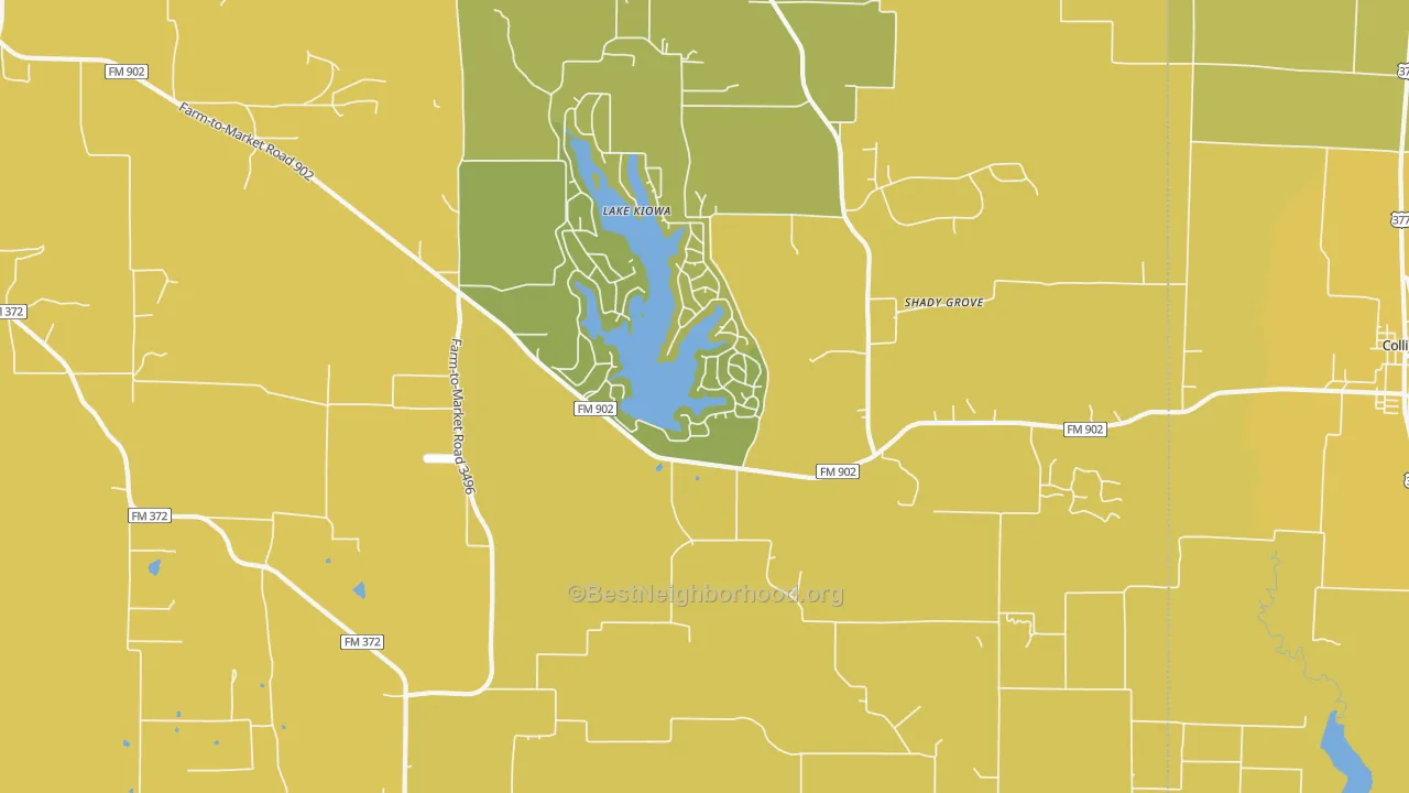 Map of the best neighborhoods in the Lake Kiowa area, with better matches in green and worse matches in red