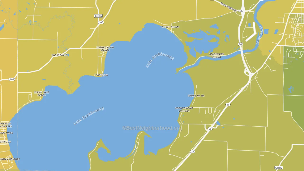 Map of the best neighborhoods in the Lake Koshkonong area, with better matches in green and worse matches in red
