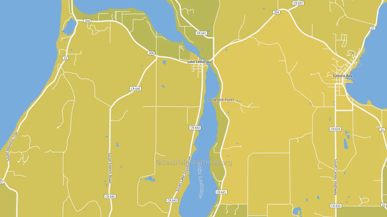 Map of the best neighborhoods in the Lake Leelanau area, with better matches in green and worse matches in red
