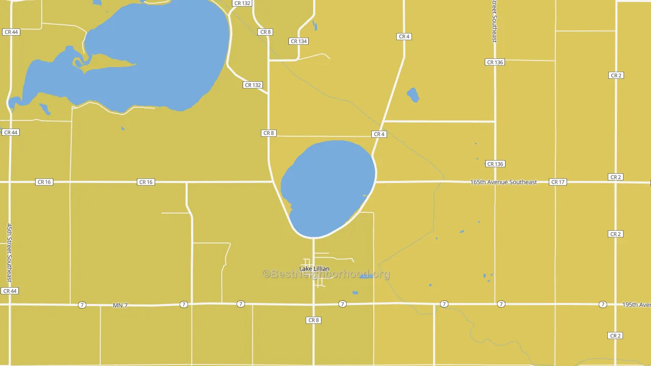 Map of the best neighborhoods in the Lake Lillian area, with better matches in green and worse matches in red
