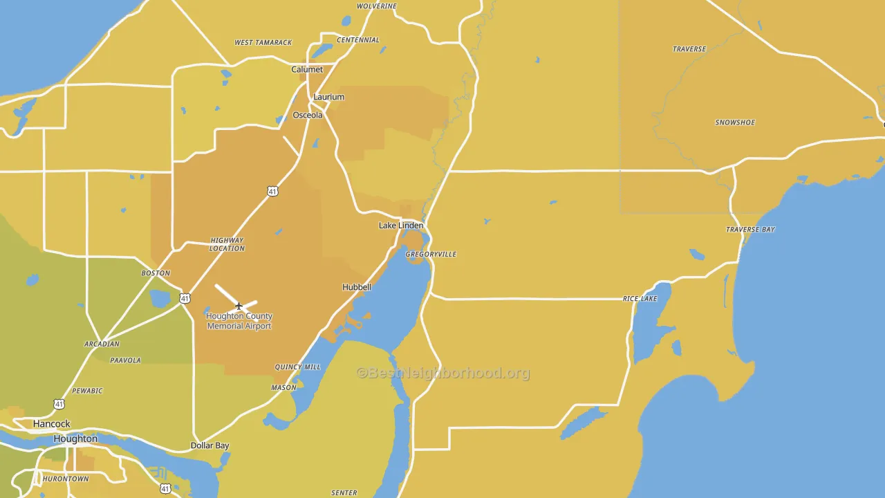 Map of the best neighborhoods in the Lake Linden area, with better matches in green and worse matches in red