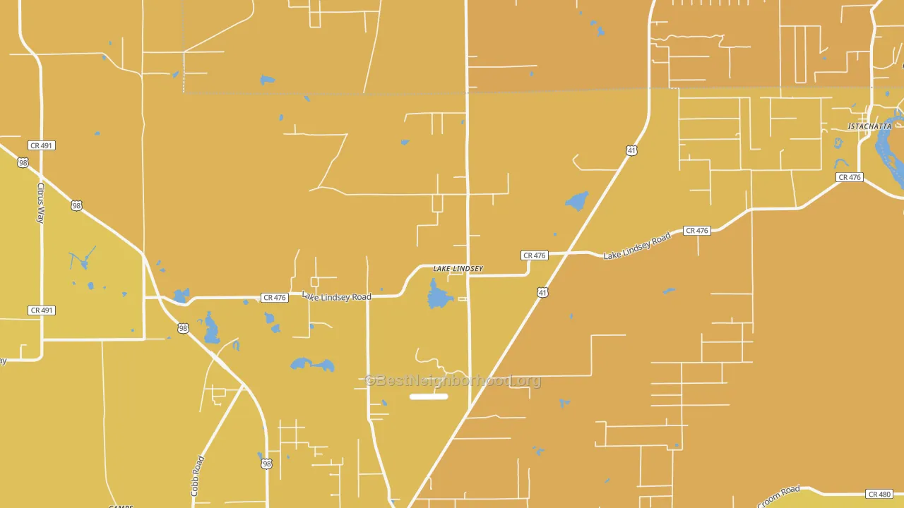 Map of the best neighborhoods in the Lake Lindsey area, with better matches in green and worse matches in red