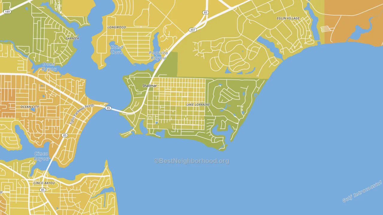 Map of the best neighborhoods in the Lake Lorraine area, with better matches in green and worse matches in red