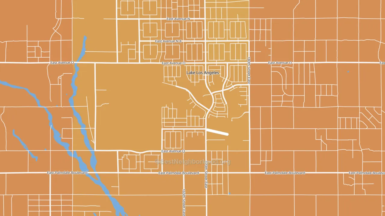 Map of the best neighborhoods in the Lake Los Angeles area, with better matches in green and worse matches in red