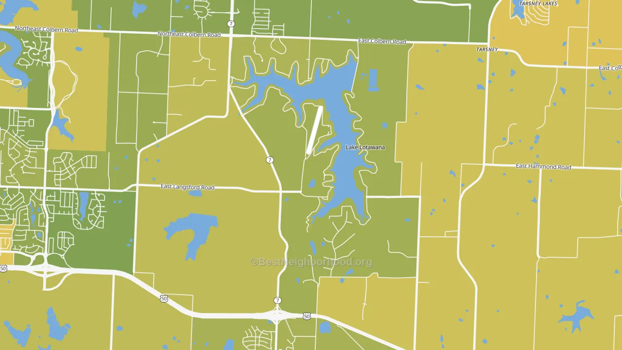 Map of the best neighborhoods in the Lake Lotawana area, with better matches in green and worse matches in red