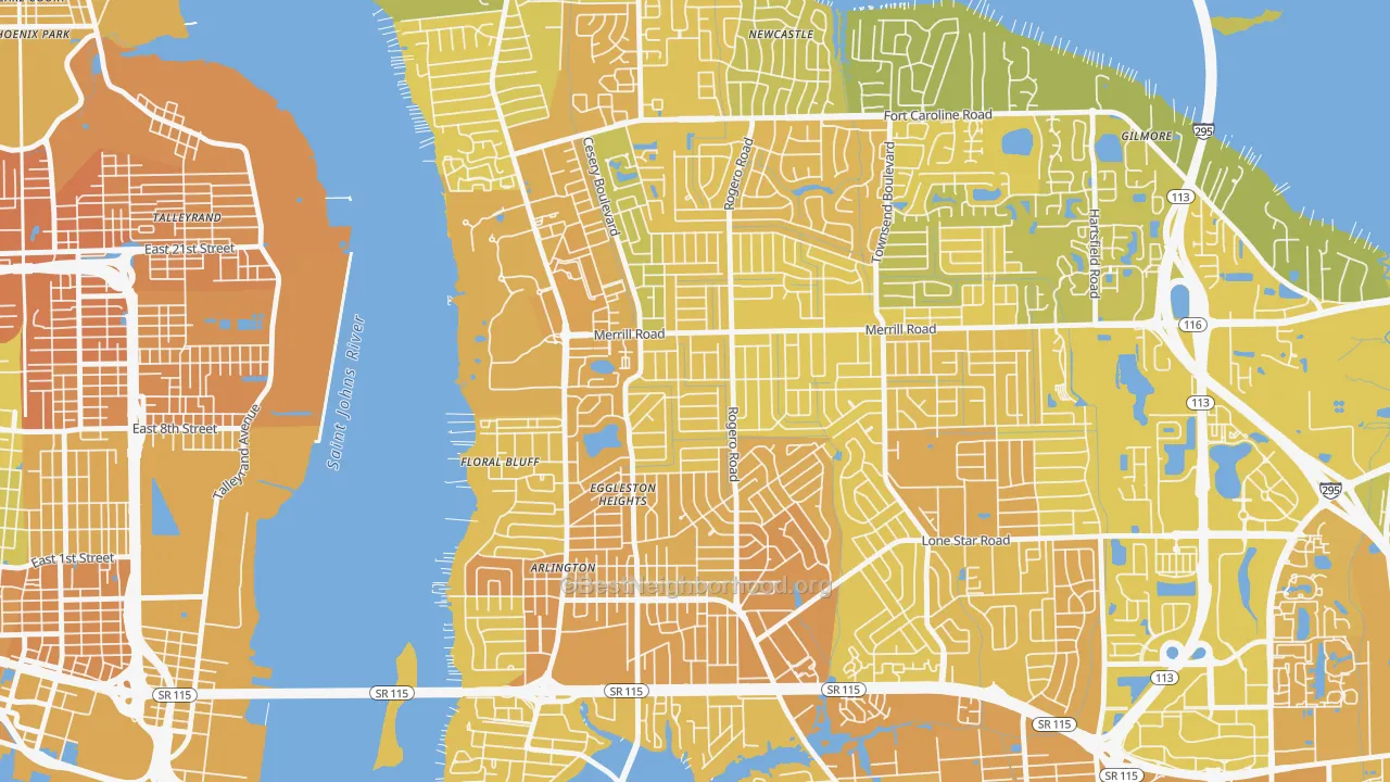 Map of the best neighborhoods in the Lake Lucina, Jacksonville area, with better matches in green and worse matches in red