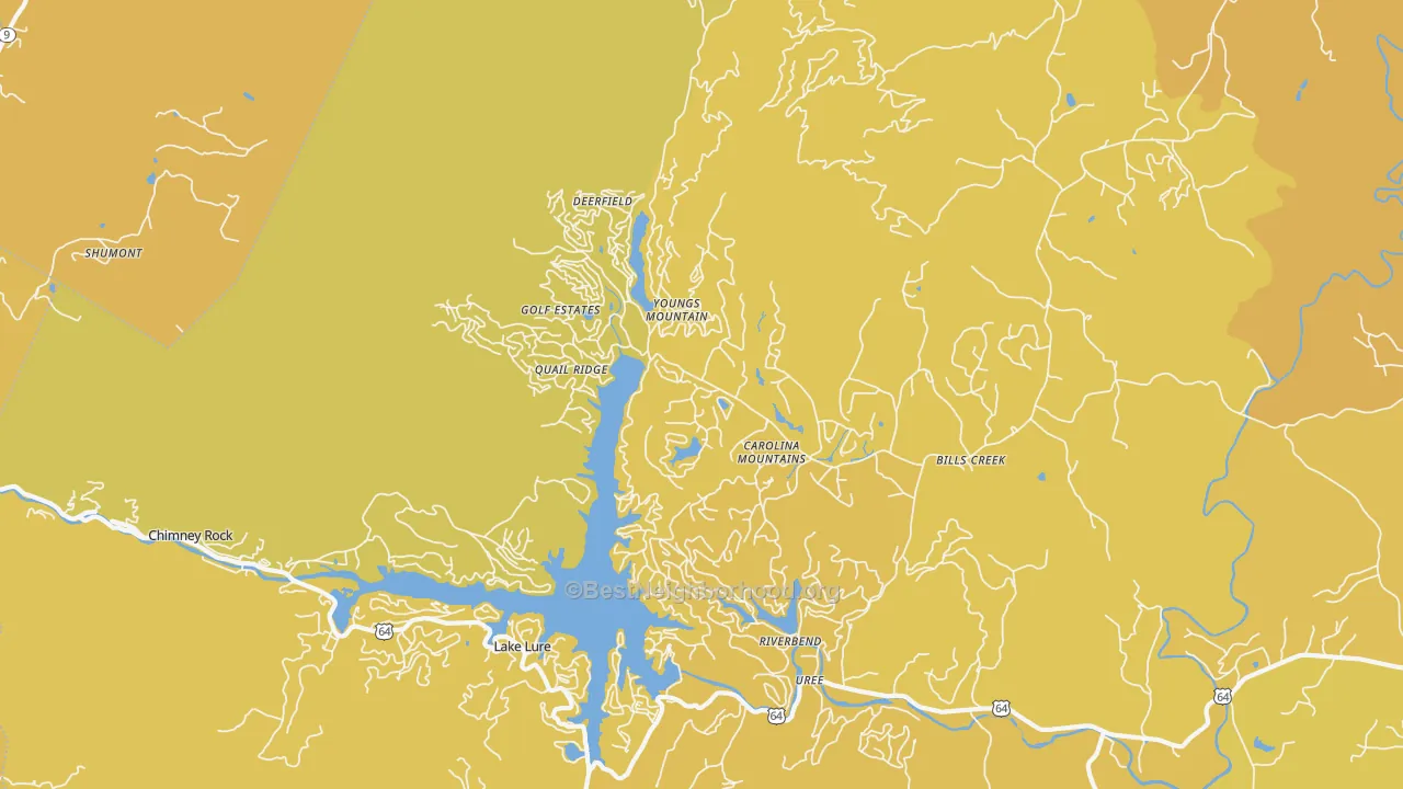 Map of the best neighborhoods in the Lake Lure area, with better matches in green and worse matches in red