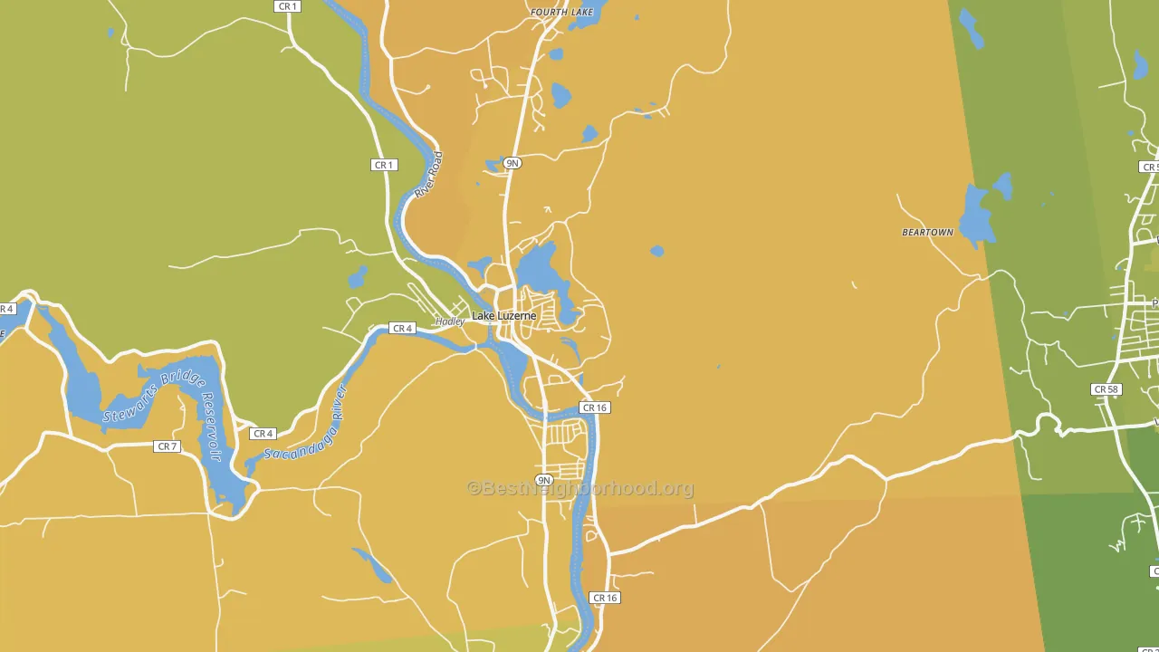 Map of the best neighborhoods in the Lake Luzerne area, with better matches in green and worse matches in red