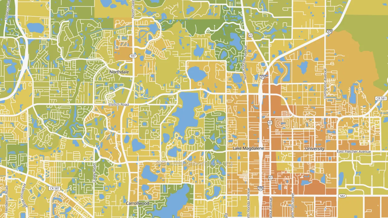 Map of the best neighborhoods in the Lake Magdalene area, with better matches in green and worse matches in red