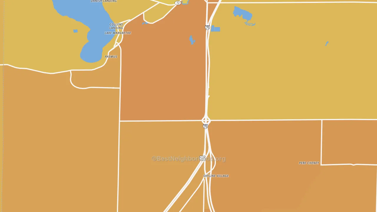 Map of the best neighborhoods in the Lake Margrethe area, with better matches in green and worse matches in red