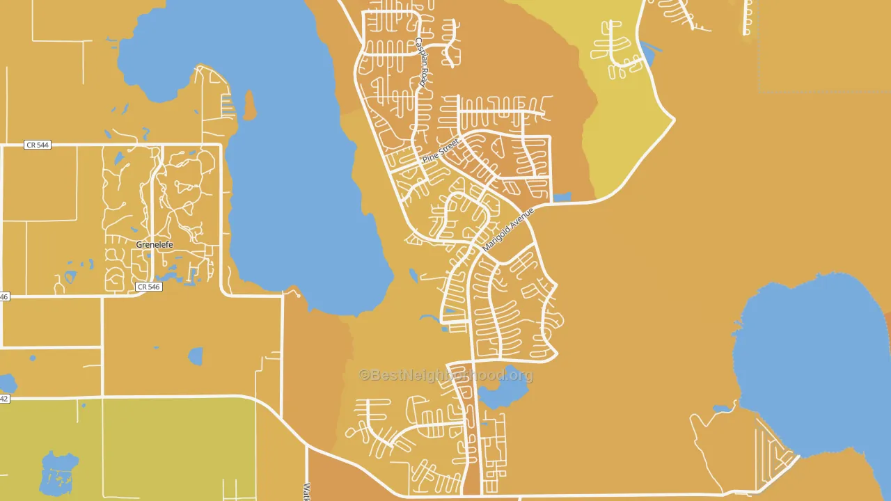 Map of the best neighborhoods in the Lake Marion Village, Poinciana area, with better matches in green and worse matches in red