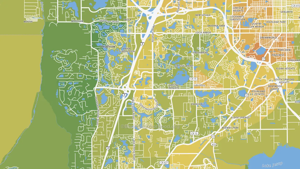 Map of the best neighborhoods in the Lake Mary area, with better matches in green and worse matches in red