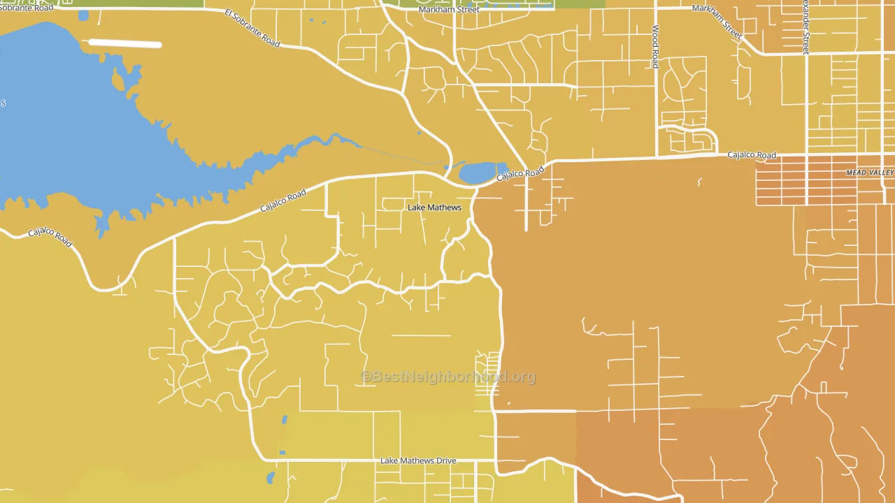 Map of the best neighborhoods in the Lake Mathews area, with better matches in green and worse matches in red