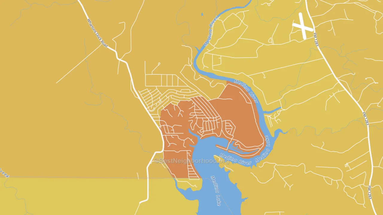 Map of the best neighborhoods in the Lake Medina Shores area, with better matches in green and worse matches in red