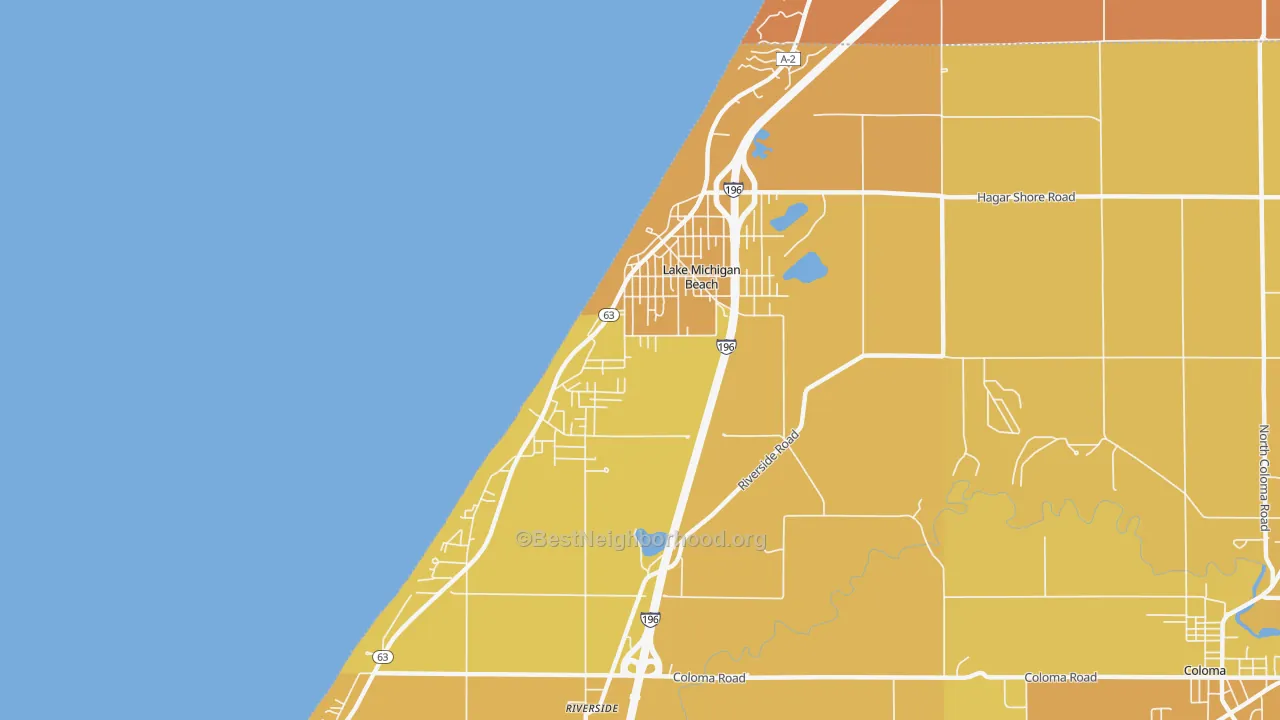 Map of the best neighborhoods in the Lake Michigan Beach area, with better matches in green and worse matches in red