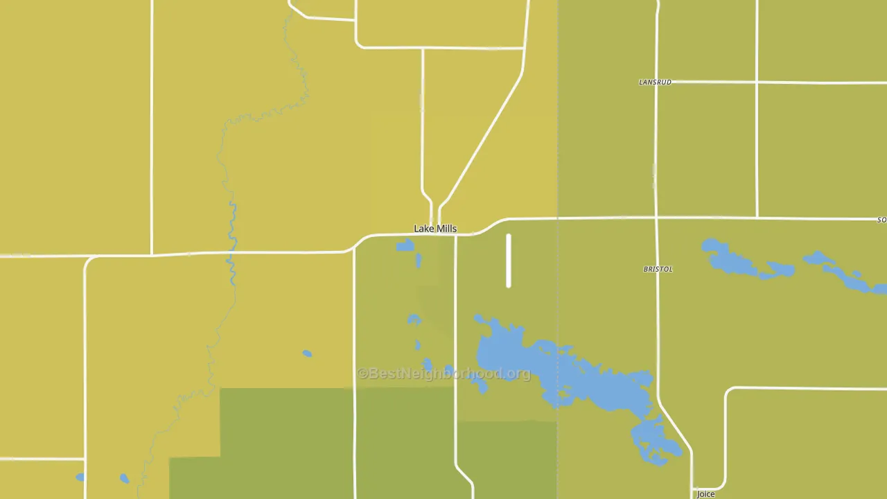 Map of the best neighborhoods in the Lake Mills area, with better matches in green and worse matches in red