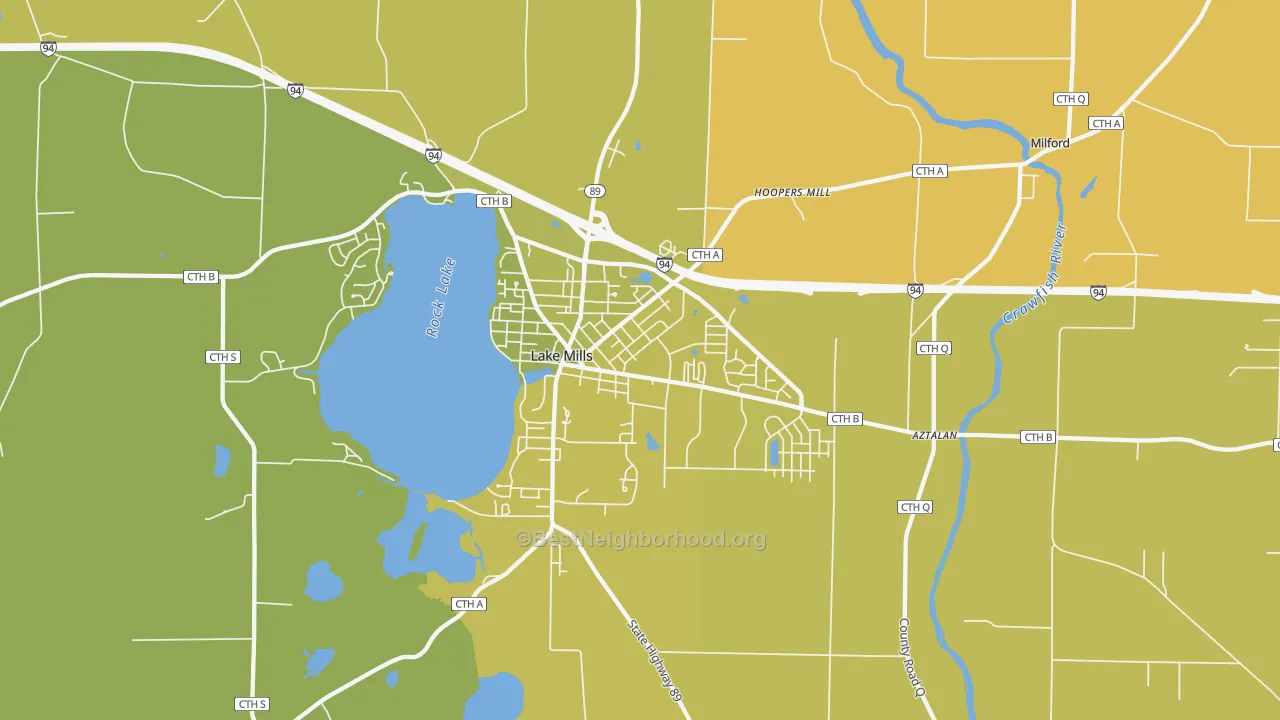 Map of the best neighborhoods in the Lake Mills area, with better matches in green and worse matches in red