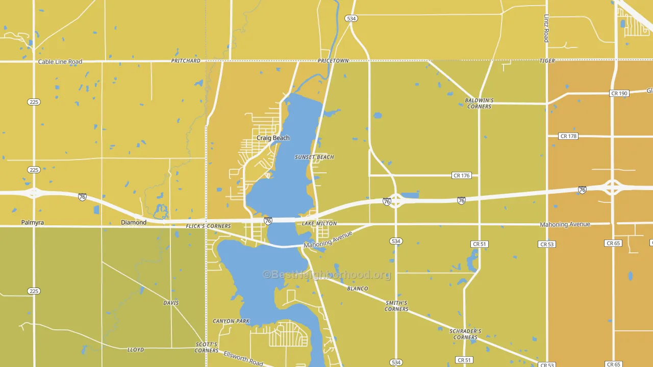 Map of the best neighborhoods in the Lake Milton area, with better matches in green and worse matches in red
