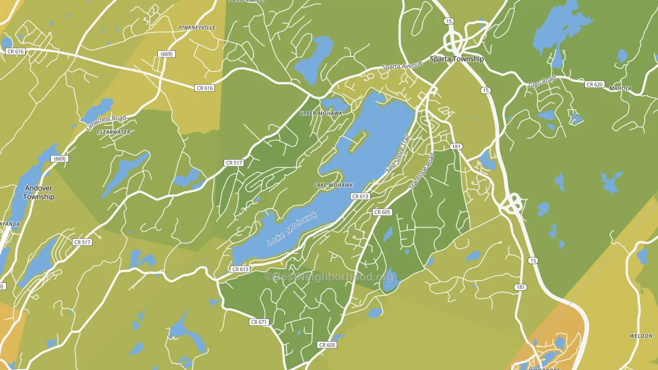 Map of the best neighborhoods in the Lake Mohawk area, with better matches in green and worse matches in red