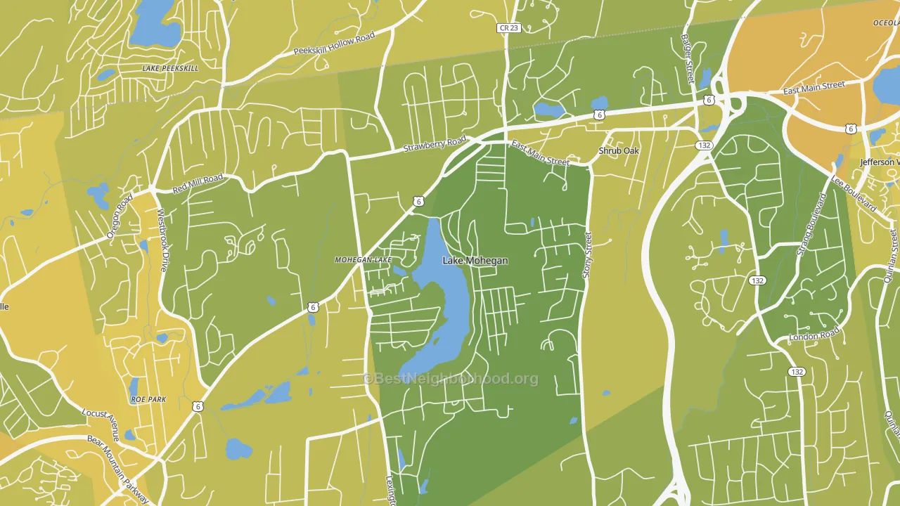 Map of the best neighborhoods in the Lake Mohegan area, with better matches in green and worse matches in red