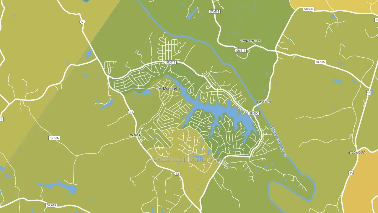 Map of the best neighborhoods in the Lake Monticello area, with better matches in green and worse matches in red