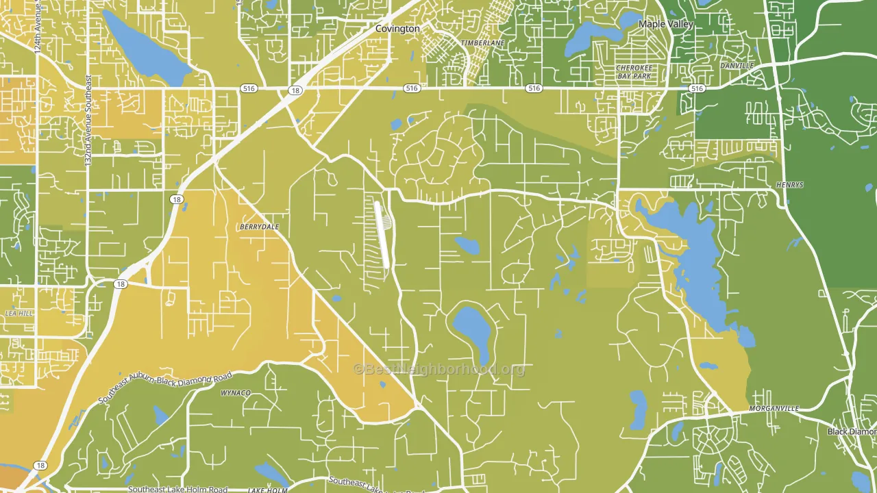 Map of the best neighborhoods in the Lake Morton-Berrydale area, with better matches in green and worse matches in red