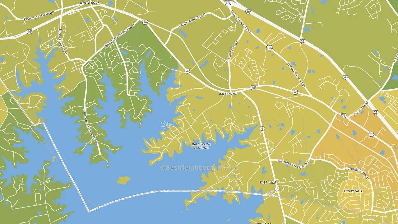 Map of the best neighborhoods in the Lake Murray of Richland area, with better matches in green and worse matches in red