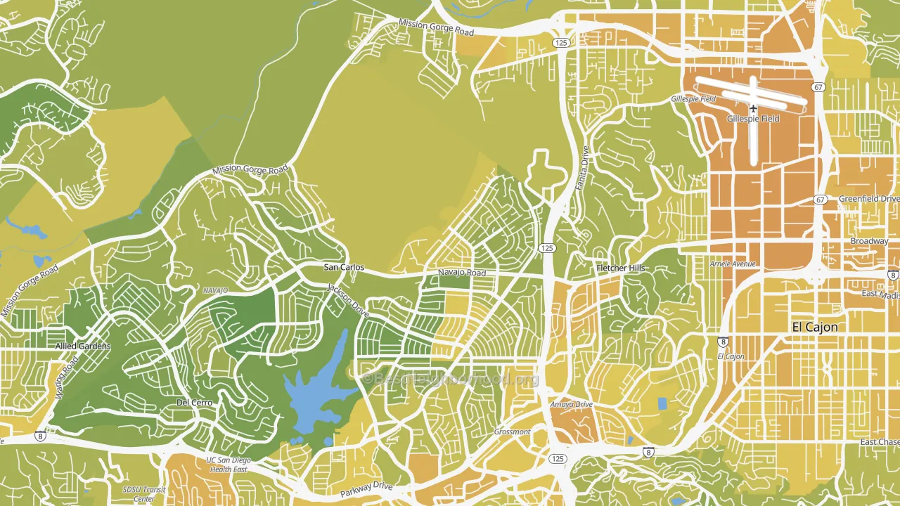 Map of the best neighborhoods in the Lake Murray, San Diego area, with better matches in green and worse matches in red