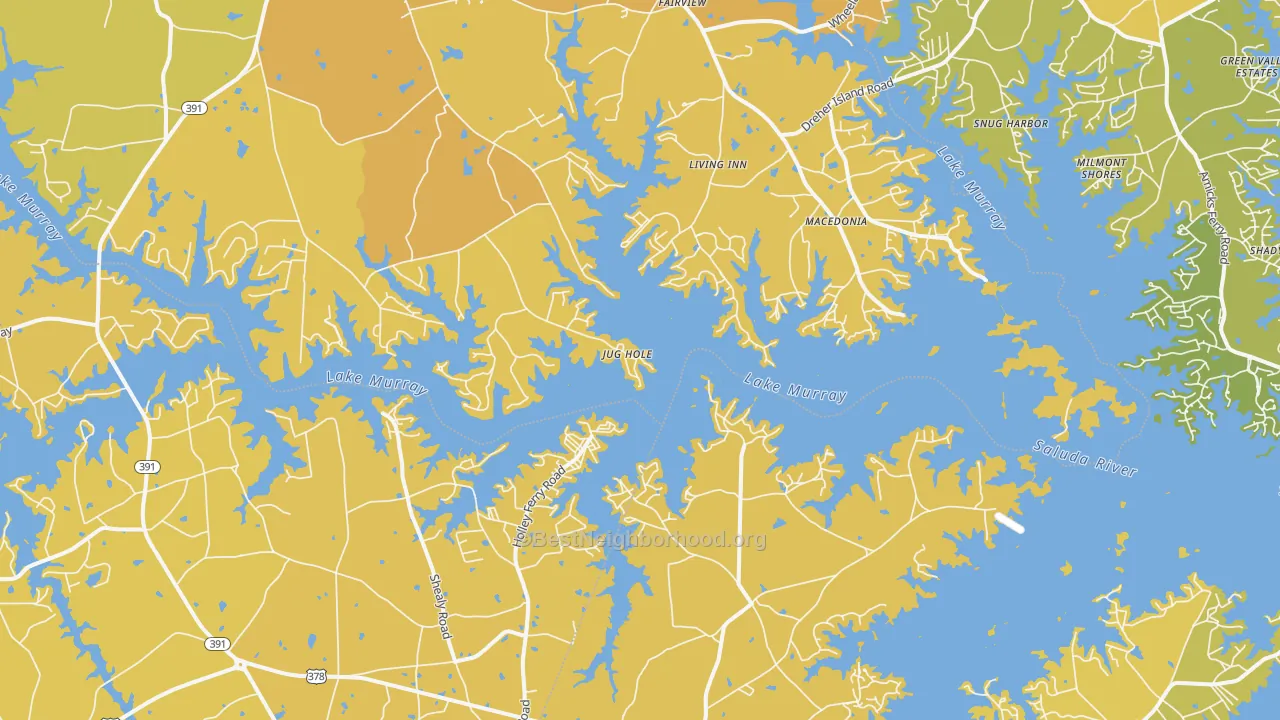 Map of the best neighborhoods in the Lake Murray Shores area, with better matches in green and worse matches in red