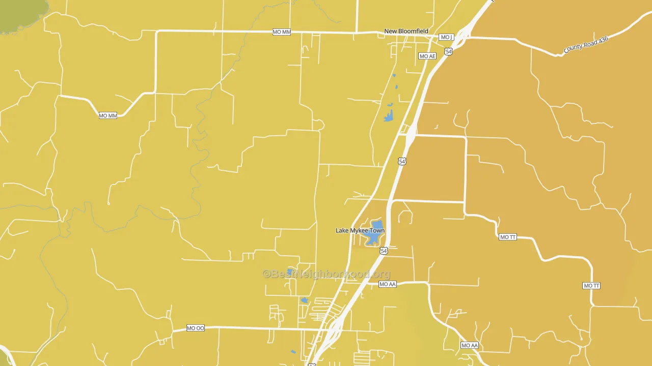 Map of the best neighborhoods in the Lake Mykee Town area, with better matches in green and worse matches in red