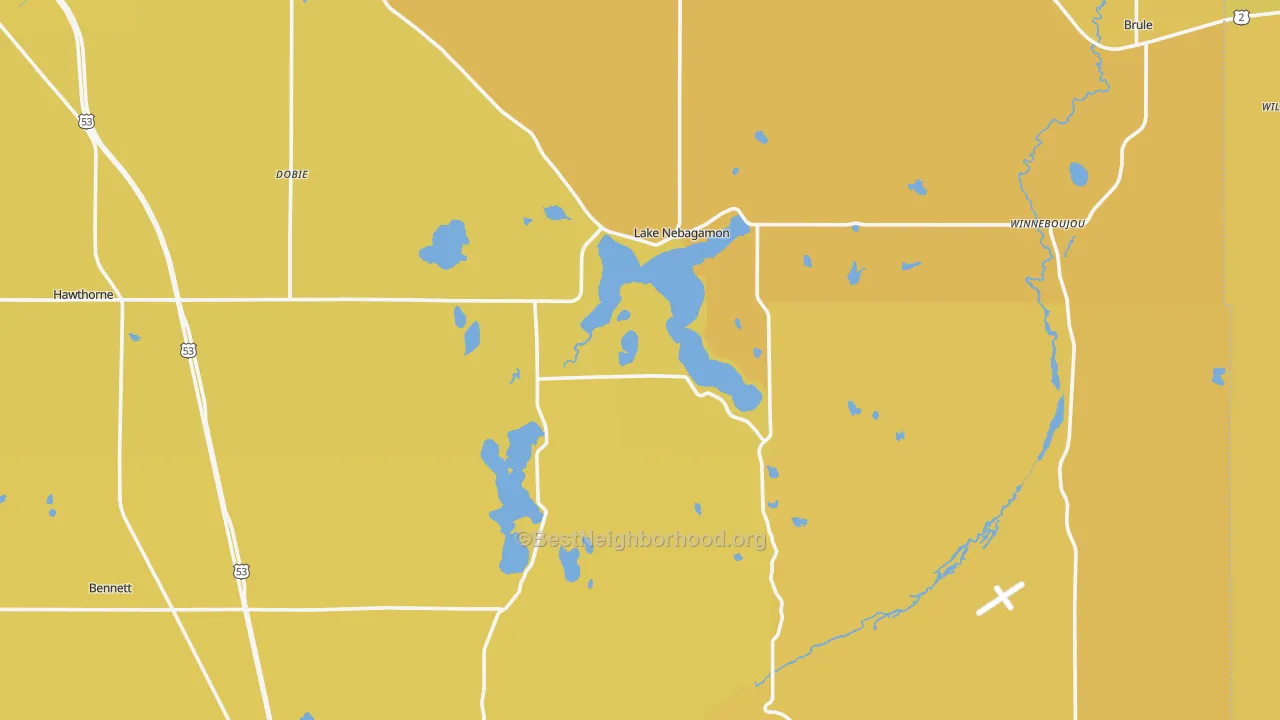 Map of the best neighborhoods in the Lake Nebagamon area, with better matches in green and worse matches in red